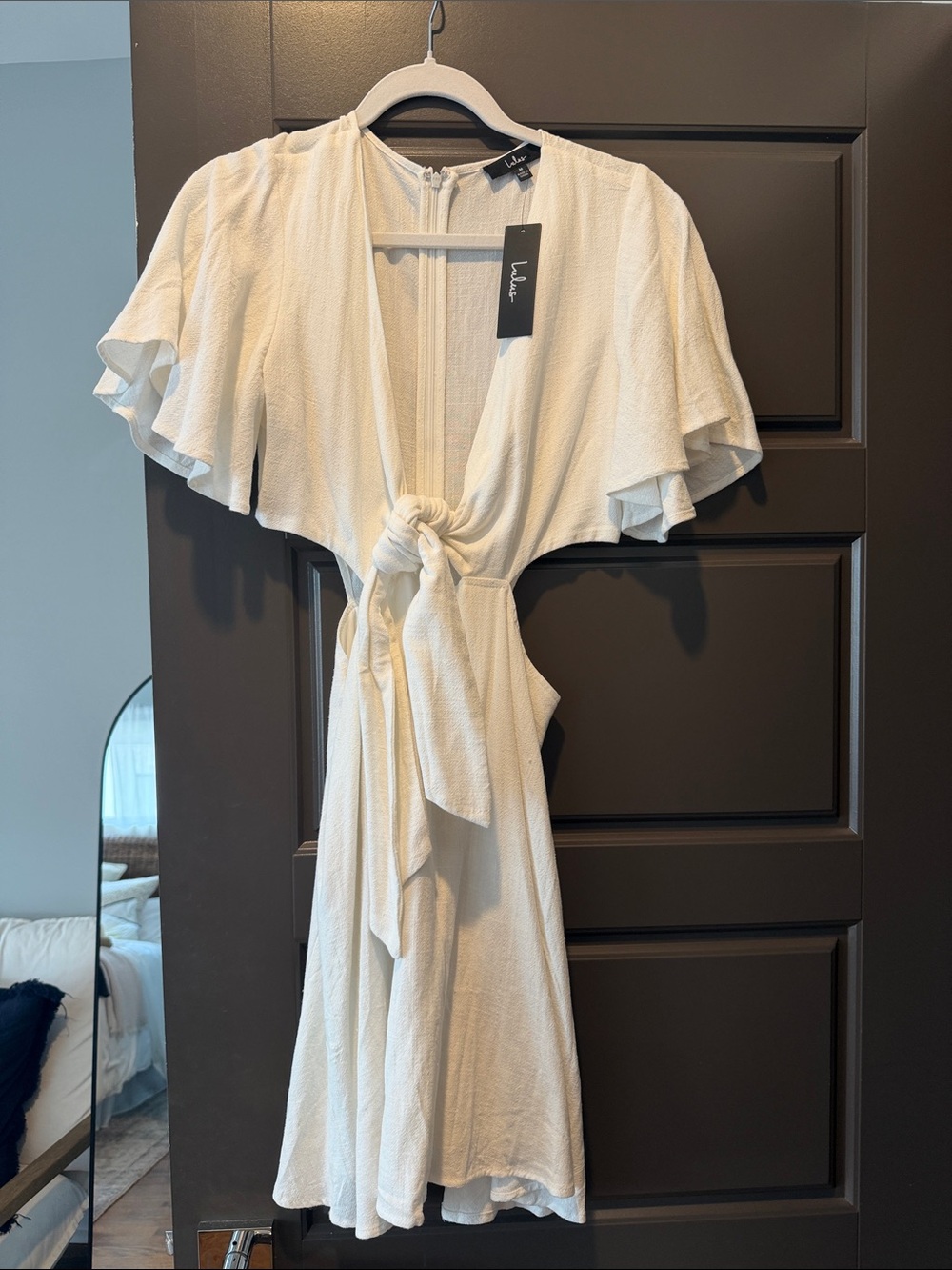 Lulu's white Tie-Front Flutter Sleeve Mini Dress